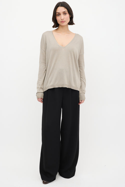 Dries Van Noten Taupe Silk & Cotton V-Neck Sweater