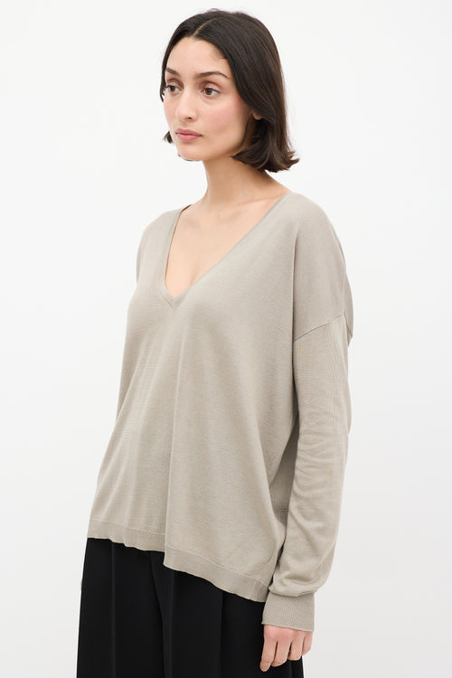 Dries Van Noten Taupe Silk & Cotton V-Neck Sweater