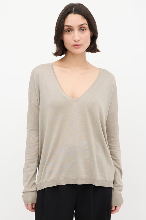 Dries Van Noten Taupe Silk & Cotton V-Neck Sweater