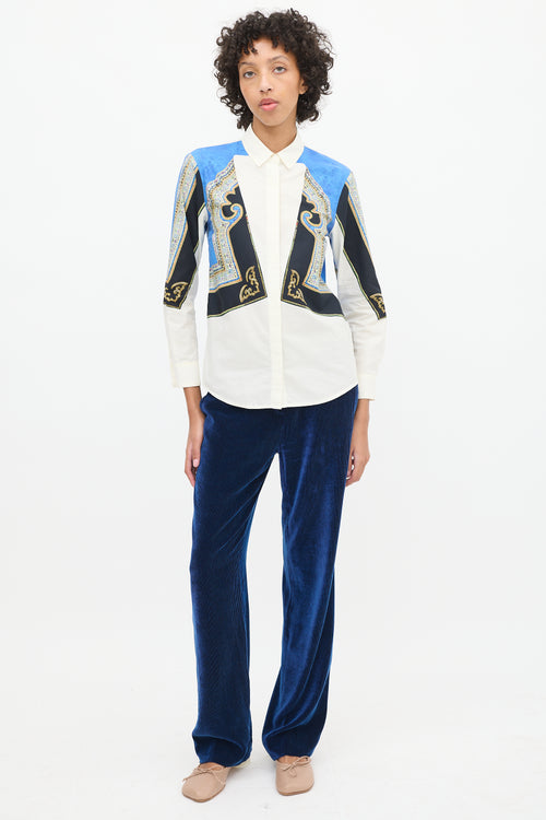 Dries Van Noten White & Blue Cotton Ornate Printed Shirt