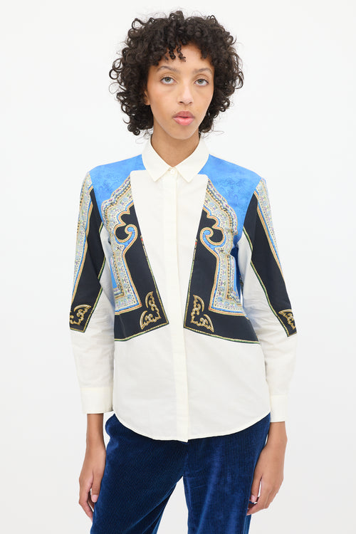 Dries Van Noten White & Blue Cotton Ornate Printed Shirt