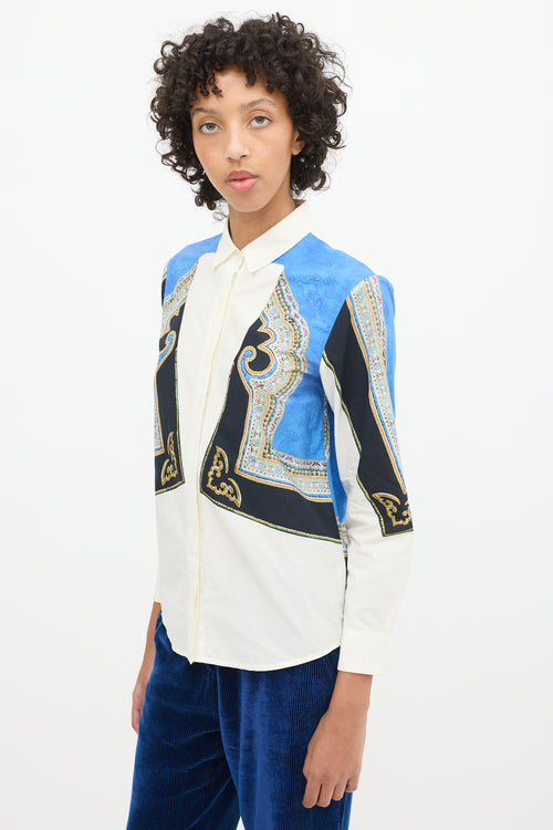 Dries Van Noten White & Blue Cotton Ornate Printed Shirt