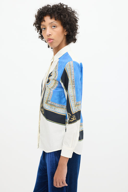 Dries Van Noten White & Blue Cotton Ornate Printed Shirt