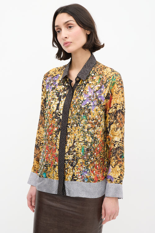 Dries Van Noten Yellow & Multi Silk Printed Embellished Shirt