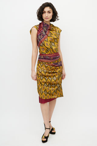Dries Van Noten Yellow & Red Silk Pleated Geometric Dress