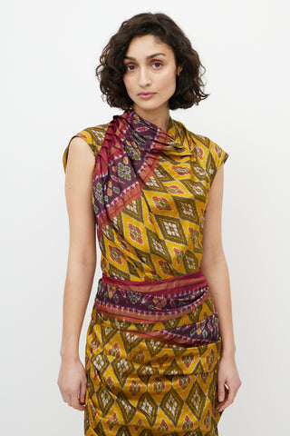 Dries Van Noten Yellow & Red Silk Pleated Geometric Dress