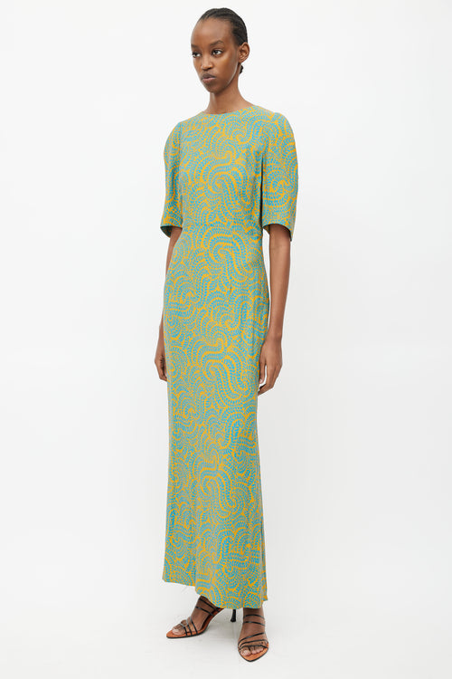 Dries Van Noten Yellow & Blue Leaf Print Dress