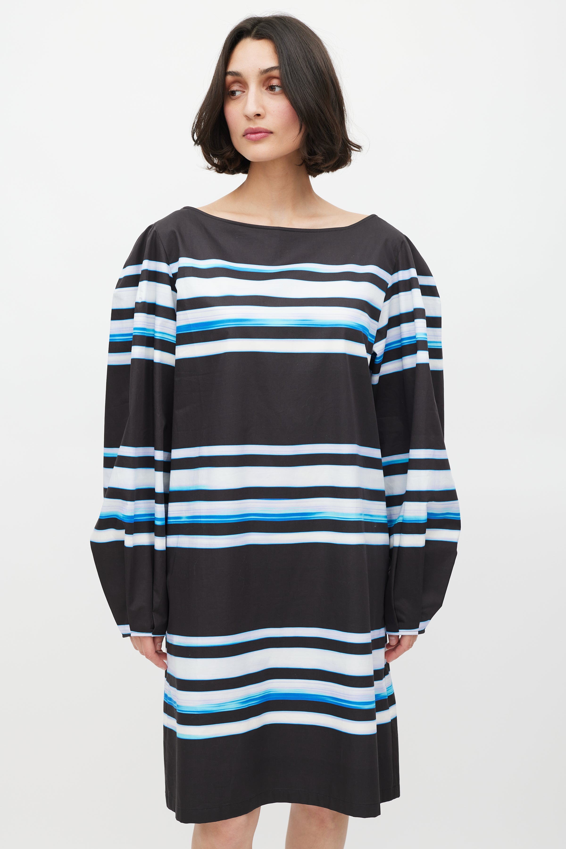striped dress blue and black Dries Van Noten // x Len Lye SS 2021 Black & Blue Striped Dress – VSP Consignment