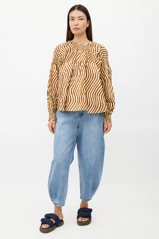 Dries Van Noten x Len Lye Yellow & Brown Wave Print Smocked Top