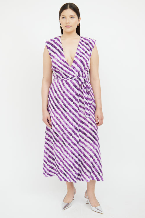 Dries Van Noten Purple & White Striped Wrap Dress