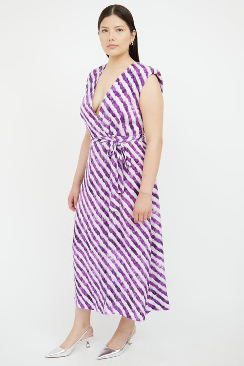 Dries Van Noten Purple & White Striped Wrap Dress