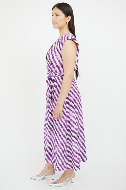 Dries Van Noten Purple & White Striped Wrap Dress