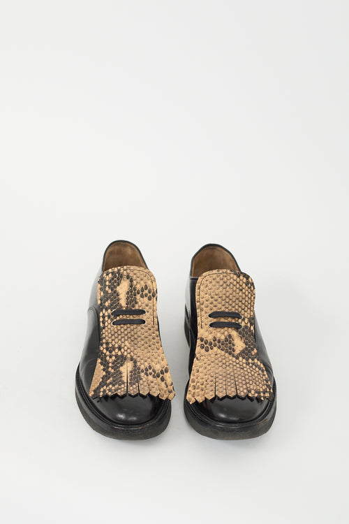 Dries Van Noten Black Leather Printed Kiltie Fringe Oxford