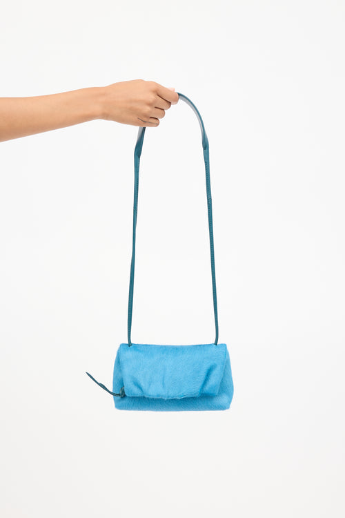 Dries Van Noten Blue Textured Hair Small Fold Over Bag