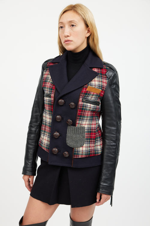 DSquared4 Black & Multicolour Plaid Leather Jacket