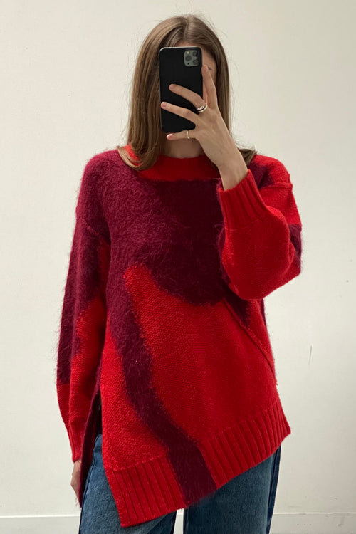 Red Wool Asymmetrical Oversized Sweater
