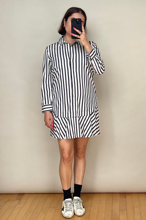 White & Black Striped Flounched Shirt Dress