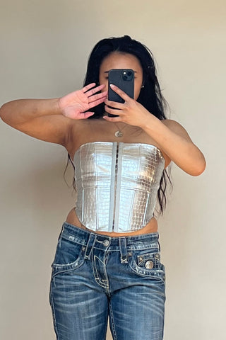 Silver Embossed Faux Leather Corset Top