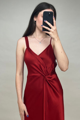 Red Satin Asymmetric V-Neck Dress