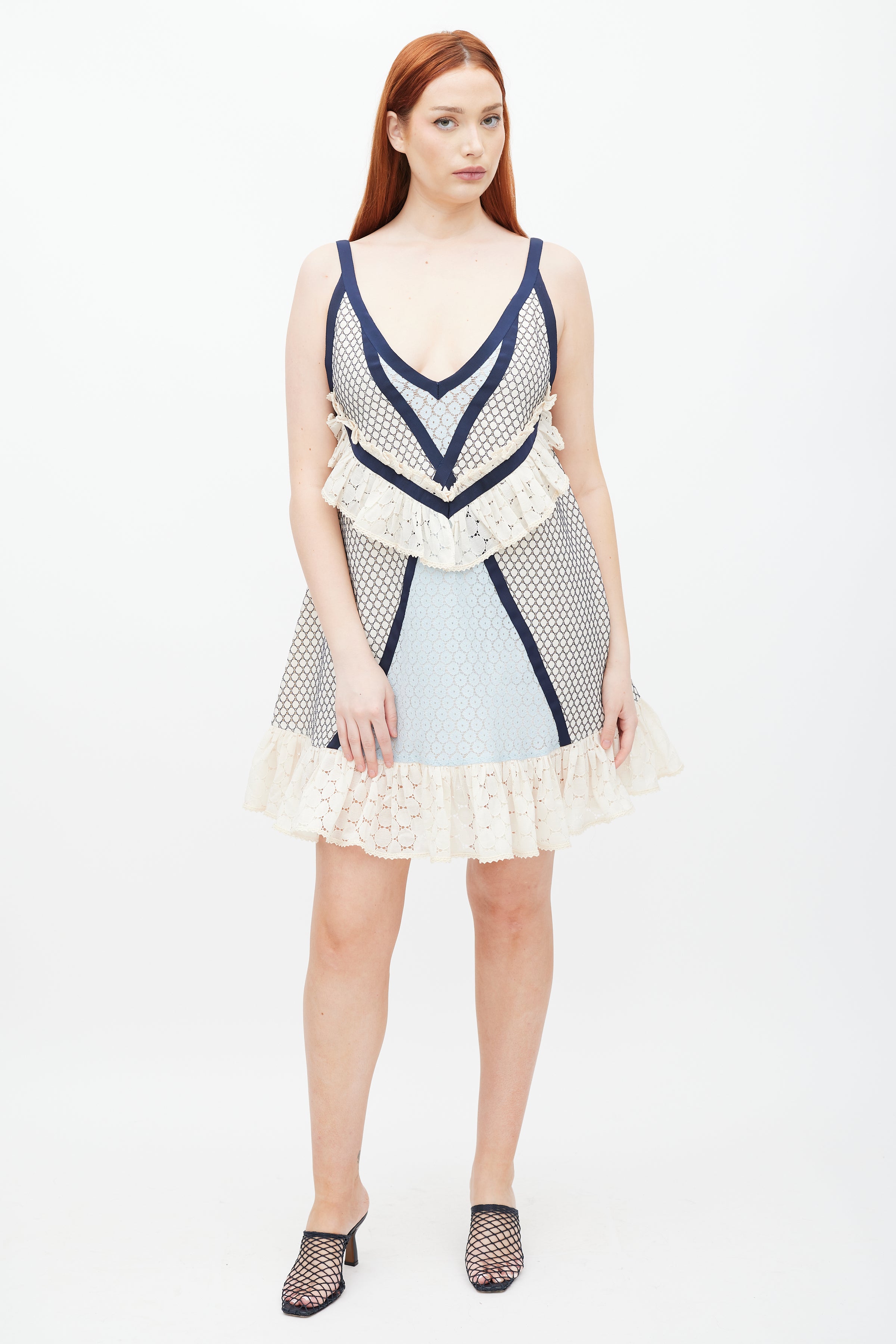 Eckhaus Latta // Cream & Blue Lace Dolly Ruffled Dress VSP Consignment Eckhaus Latta // Cream & Blue Lace Dolly Ruffled Dress VSP Consignment