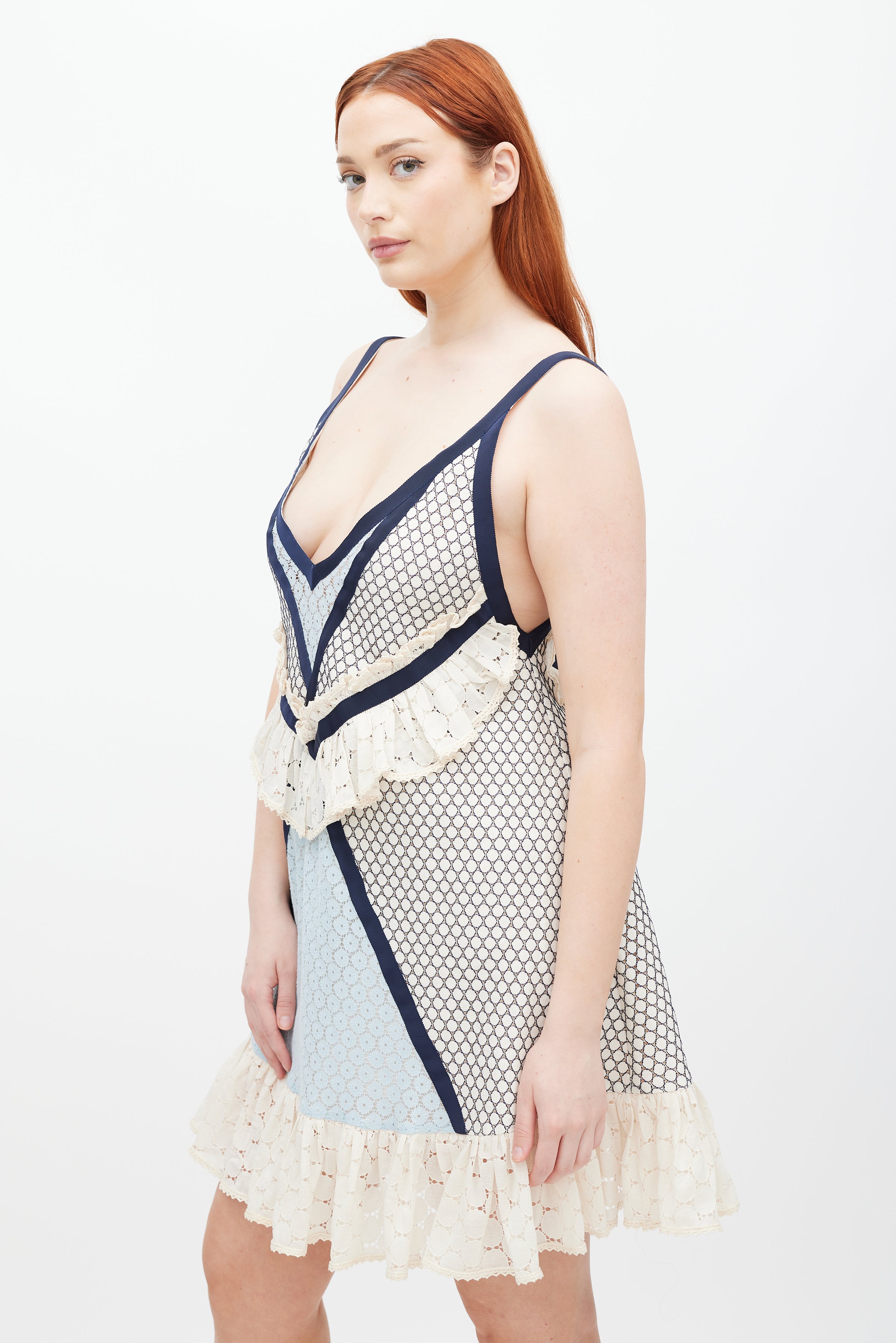Eckhaus Latta // Cream & Blue Lace Dolly Ruffled Dress VSP Consignment Eckhaus Latta // Cream & Blue Lace Dolly Ruffled Dress VSP Consignment