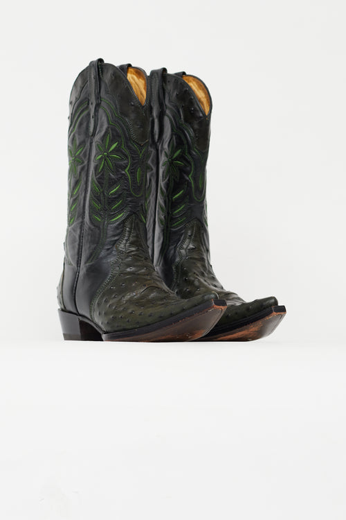 El Buitre Black & Green Leather Floral Western Boot