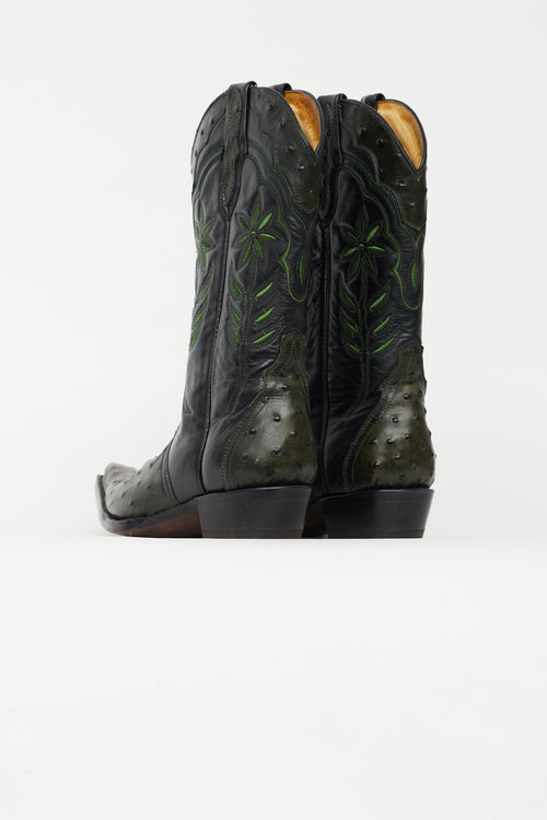 El Buitre Black & Green Leather Floral Western Boot