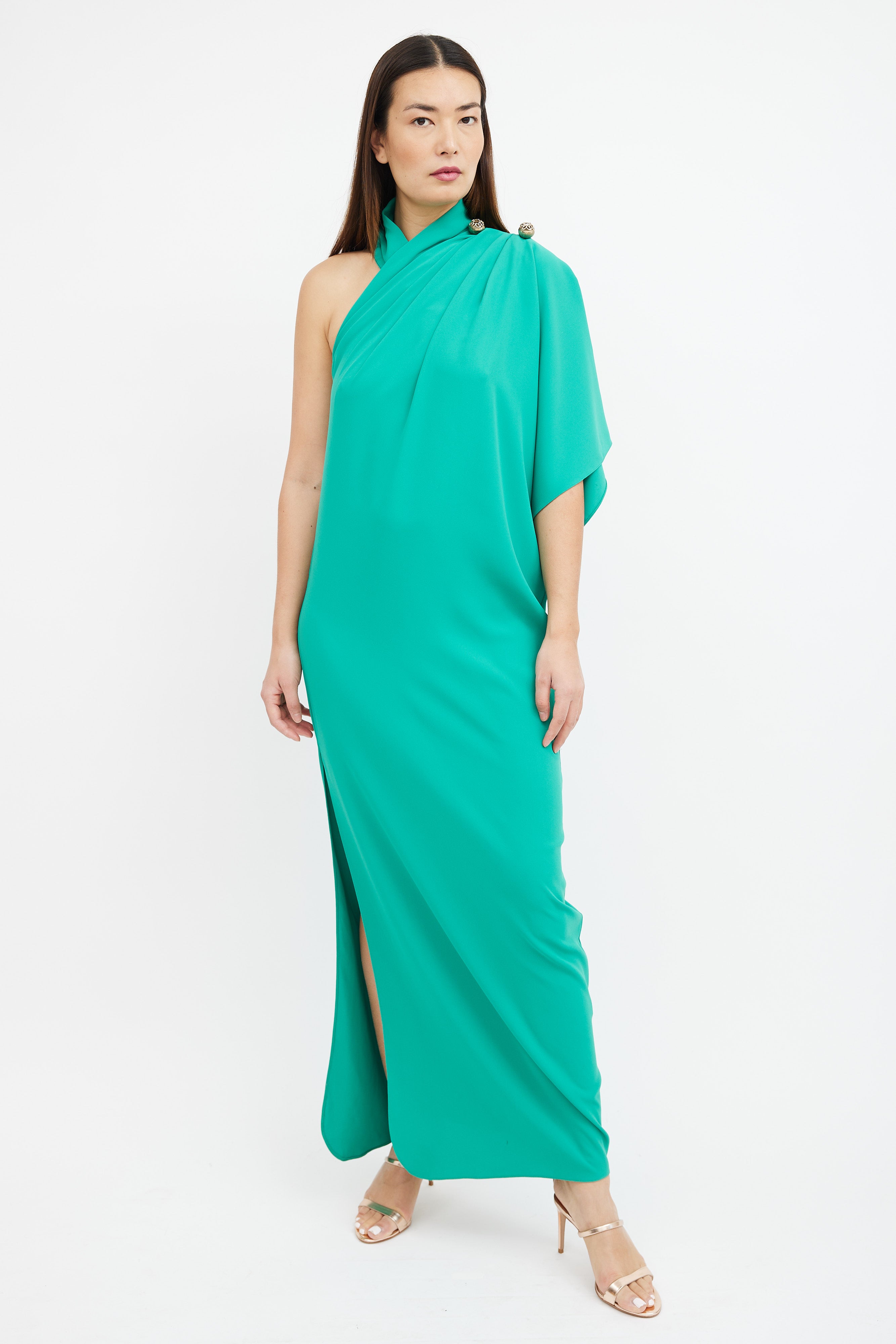 Elie Saab // Green One Sleeve Draped Maxi Dress – VSP Consignment