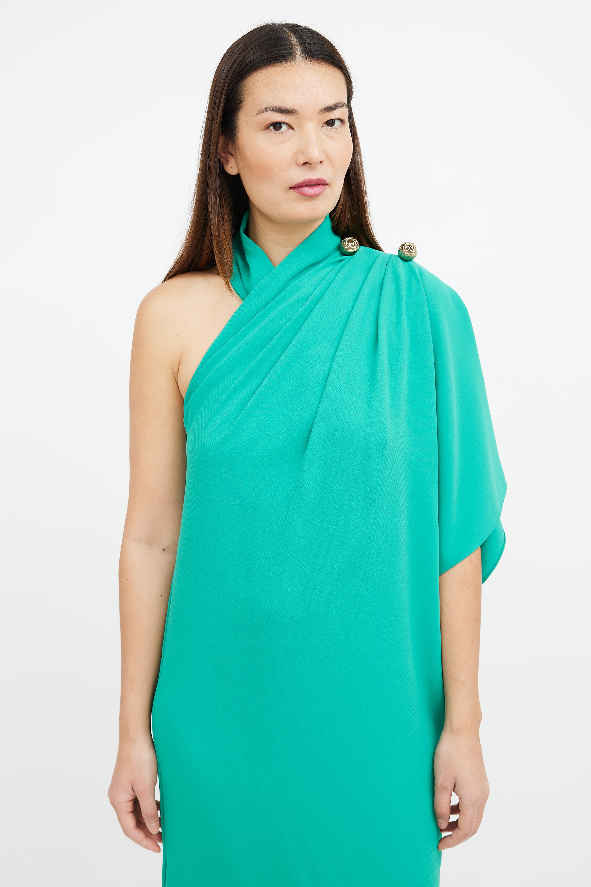Elie Saab // Green One Sleeve Draped Maxi Dress VSP Consignment Elie Saab // Green One Sleeve Draped Maxi Dress VSP Consignment