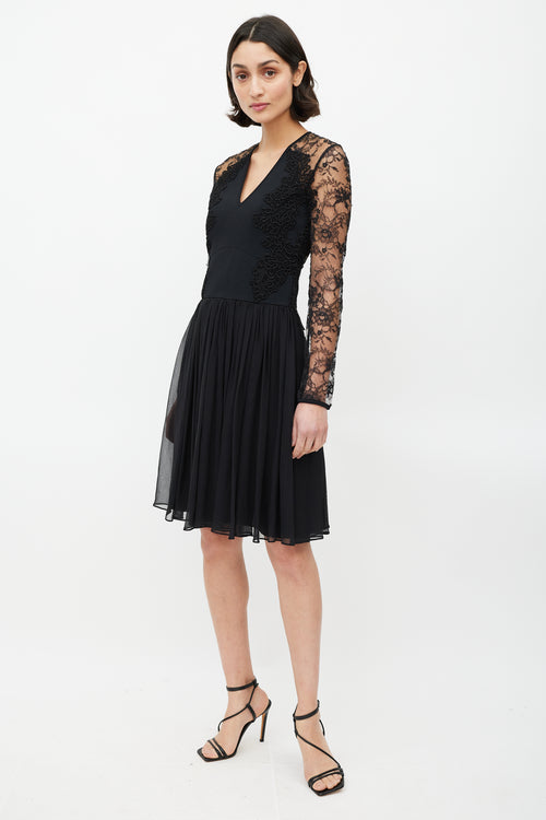 Elie Saab Black Long Sleeve Guipure Lace Dress