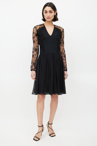 Elie Saab Black Long Sleeve Guipure Lace Dress