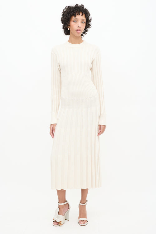 Elleme Cream Ribbed Knit Long Sleeve Midi Dress