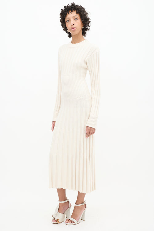 Elleme Cream Ribbed Knit Long Sleeve Midi Dress