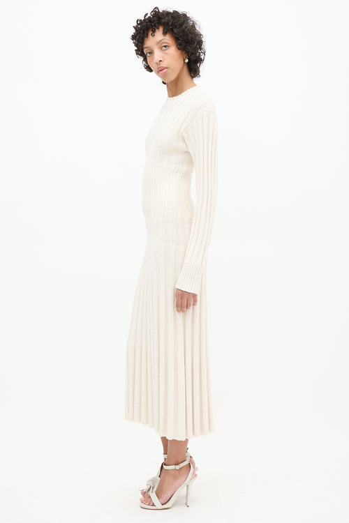 Elleme Cream Ribbed Knit Long Sleeve Midi Dress