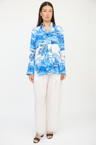 Ellery White & Blue Silk Patterned Shirt