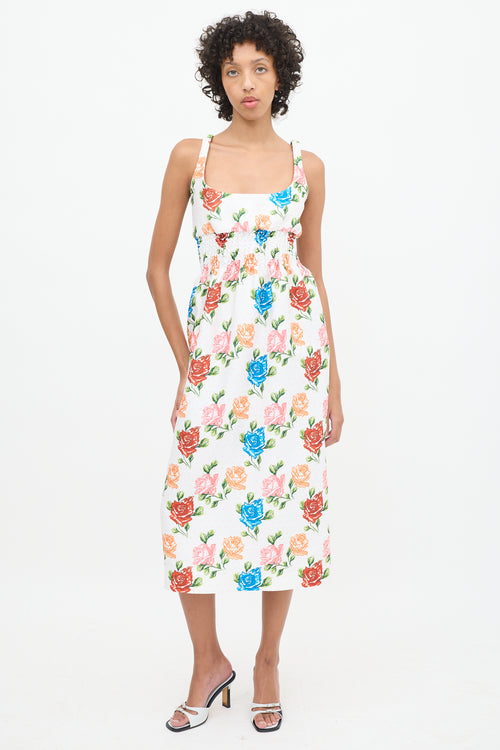 Emilia Wickstead White & Multicolour Floral Smocked Midi Dress