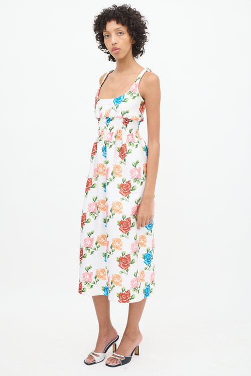 Emilia Wickstead White & Multicolour Floral Smocked Midi Dress