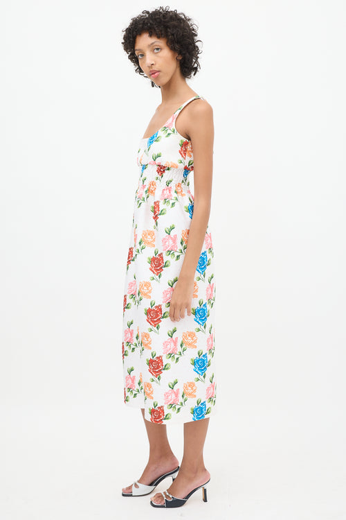 Emilia Wickstead White & Multicolour Floral Smocked Midi Dress