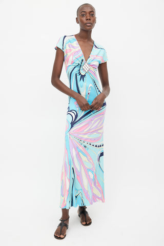 Emilio Pucci Blue & Multi Silk Print Embellished Dress