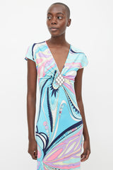 Emilio Pucci Blue & Multi Silk Print Embellished Dress