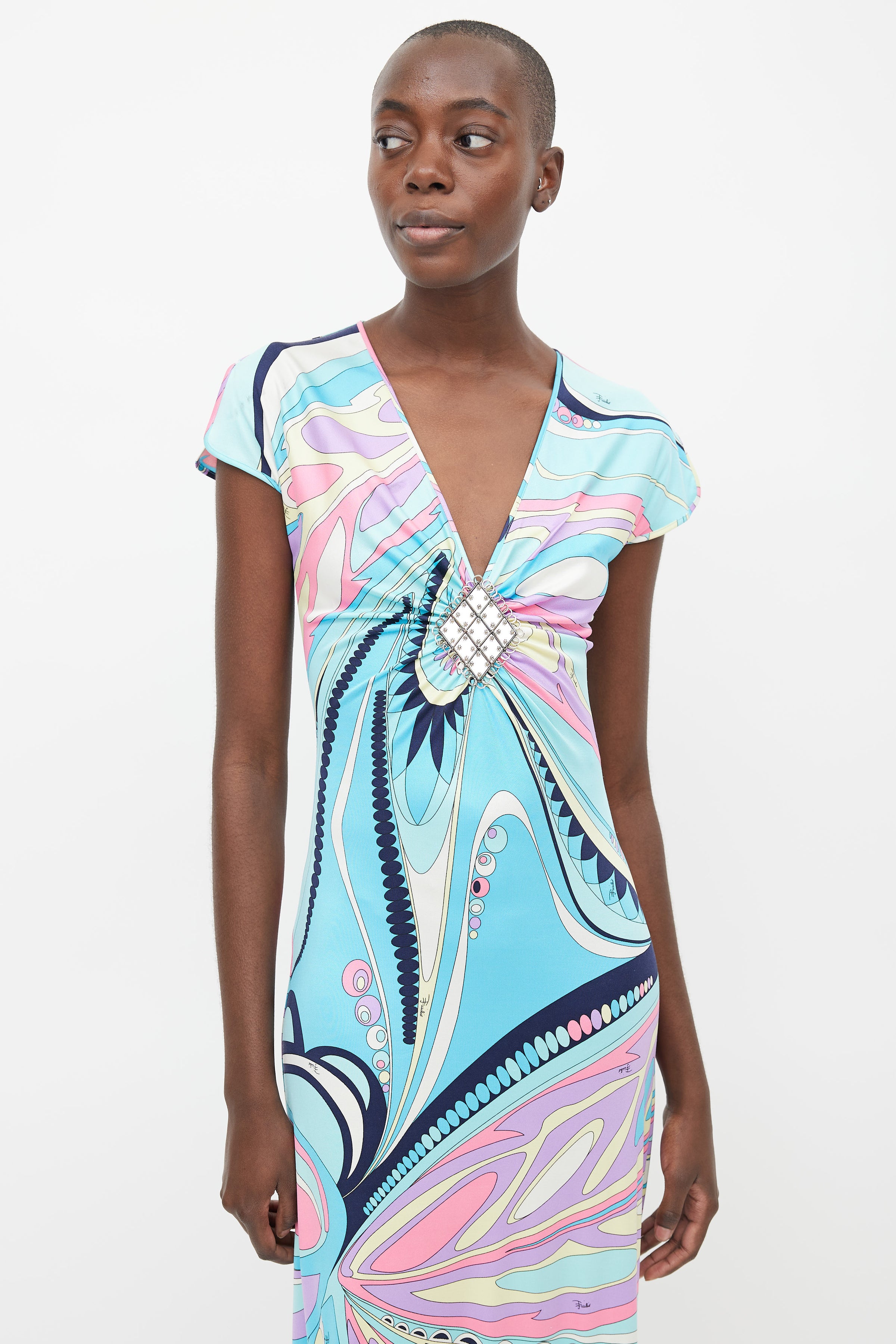 Emilio Pucci // Blue & Multi Silk Print Embellished Dress VSP Consignment Emilio Pucci // Blue & Multi Silk Print Embellished Dress VSP Consignment