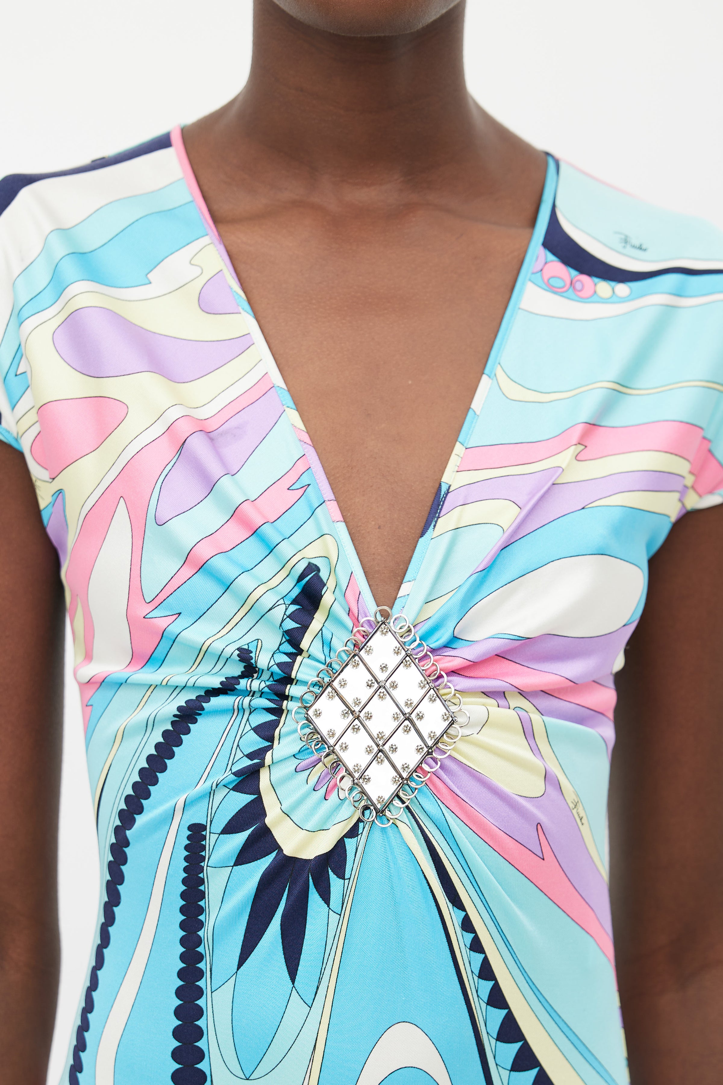 Emilio Pucci // Blue & Multi Silk Print Embellished Dress VSP Consignment Emilio Pucci // Blue & Multi Silk Print Embellished Dress VSP Consignment