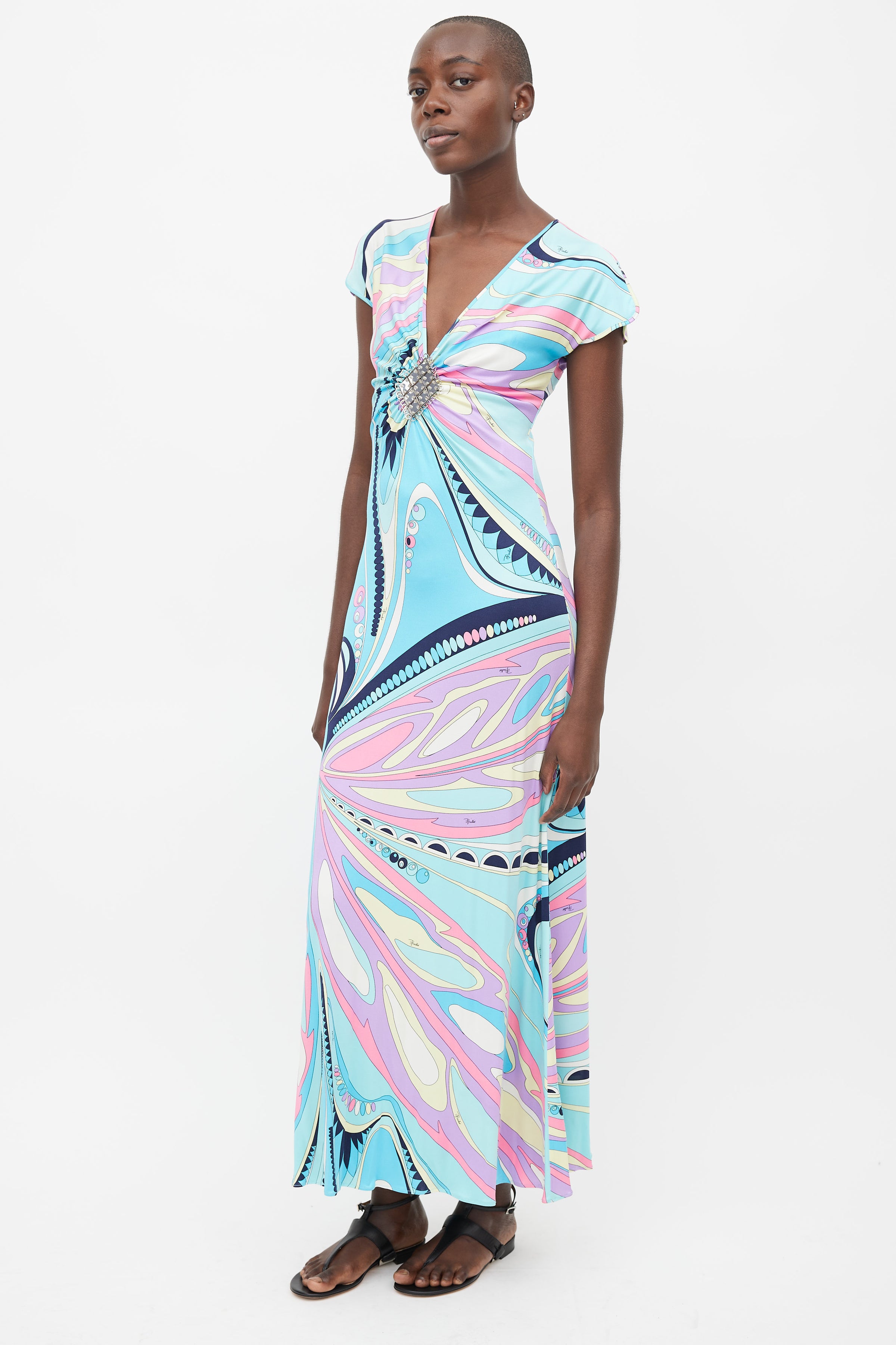 pucci blue dress Emilio Pucci // Blue & Multi Silk Print Embellished Dress – VSP Consignment