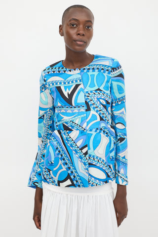 Emilio Pucci Blue & Multicolour Silk Printed Peplum Jacket