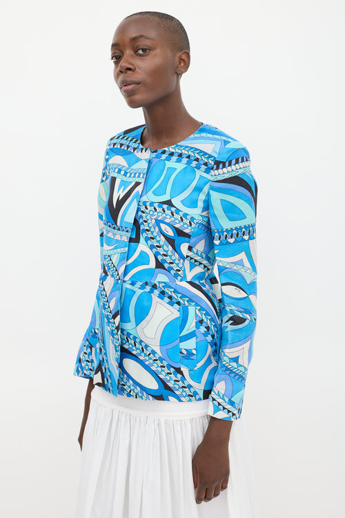 Emilio Pucci Blue & Multicolour Silk Printed Peplum Jacket