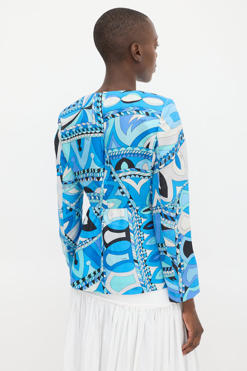 Emilio Pucci Blue & Multicolour Silk Printed Peplum Jacket