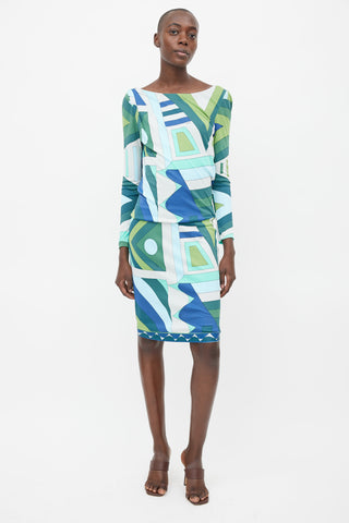 Emilio Pucci Green & Blue Abstract Print Dress