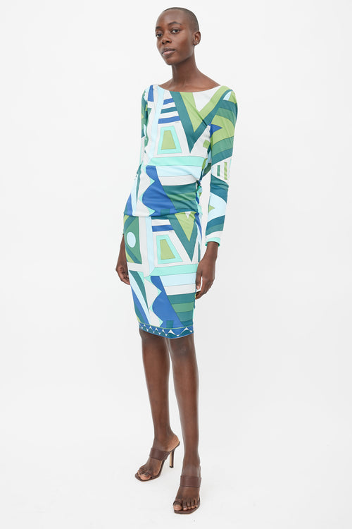 Emilio Pucci Green & Blue Abstract Print Dress