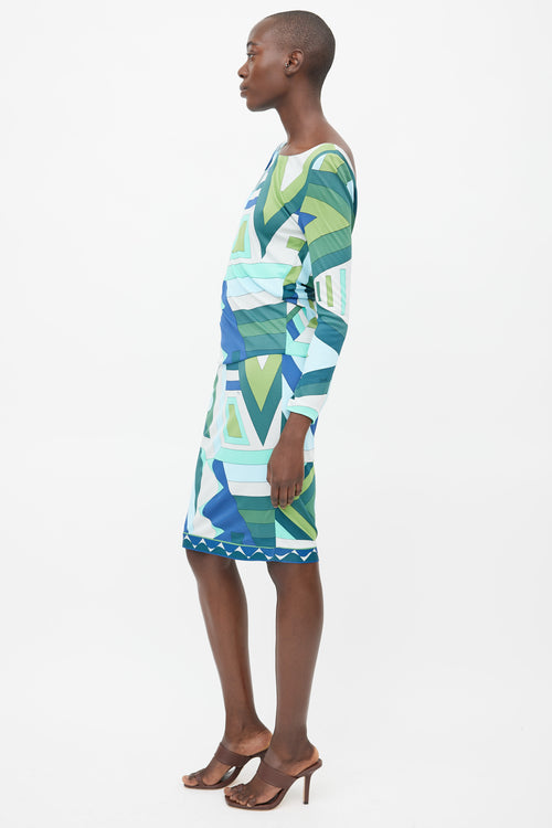 Emilio Pucci Green & Blue Abstract Print Dress