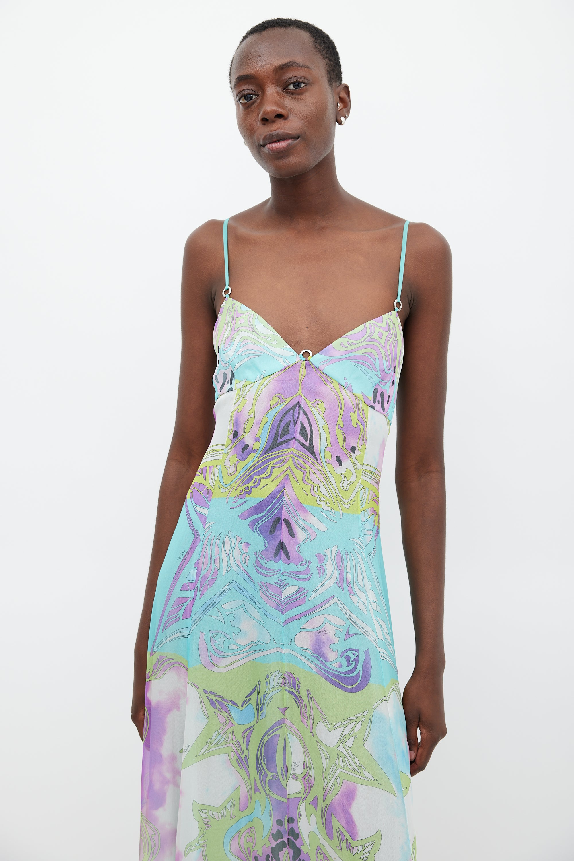 Emilio Pucci // Green & Multicolour Silk Star Print Dress VSP Consignment Emilio Pucci // Green & Multicolour Silk Star Print Dress VSP Consignment